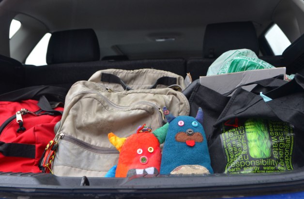 both Bo and Edgar are in the back of a hatchback car, along with a back pack and a duffle bag and other bags as they get ready to go on a road trip 